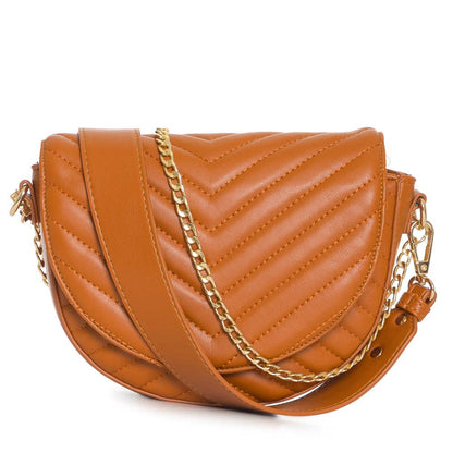 Cognac quilted crossbody bag with a gold chain strap.