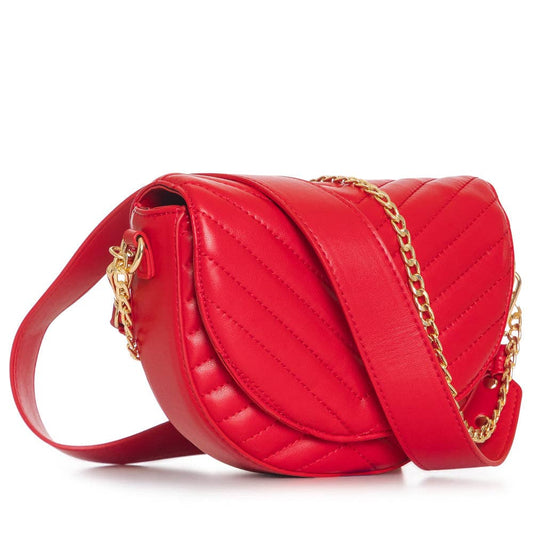 Side view of red quilted crossbody bag with a gold chain strap.