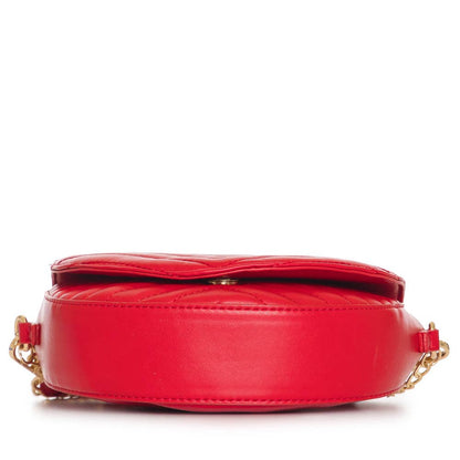 Bottom view of a red quilted crossbody bag showing its sturdy structure.