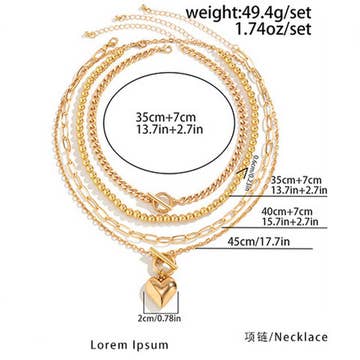 Detailed measurement image of a gold geometric OT buckle heart-shape necklace set with chain lengths and weight specified.