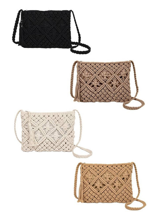 Collection of four woven bohemian tassel crochet shoulder bags in black, ash mocha, camel, and ivory colors.