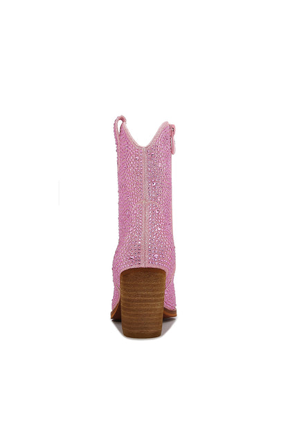 Back view of Pink rhinestone mid-calf cowboy boot with a low heel, featuring a bold and stylish western-inspired design. These trendy boots add a playful pop of color while offering comfort and versatility for any look.