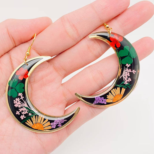 Dried Flowers Floral Large Crescent Earrings